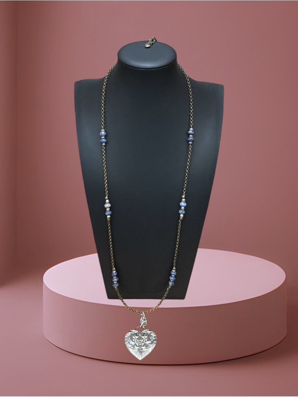 Brighton Necklace Blue Sodalite/Lapis w/Brass Chain & Sentiment Heart Pendant